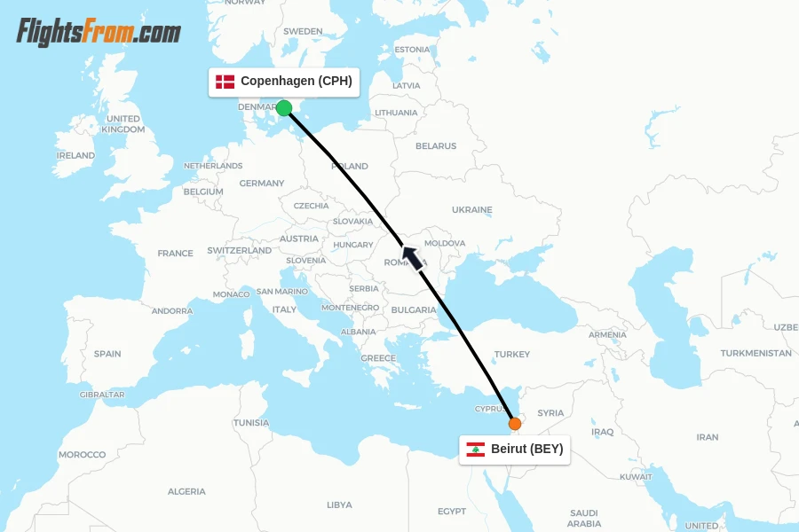 Flights from Beirut to Copenhagen route map