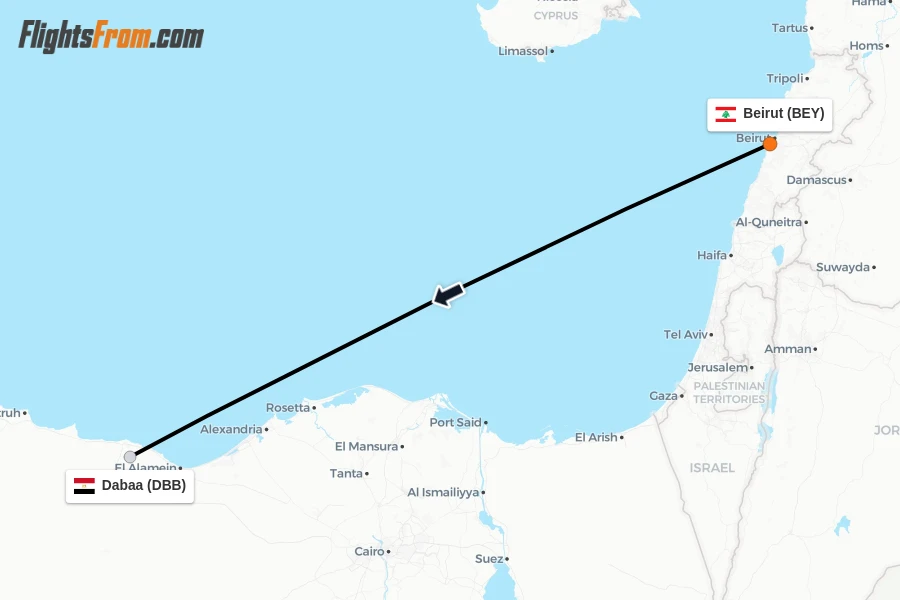 Flights from Beirut to Dabaa route map