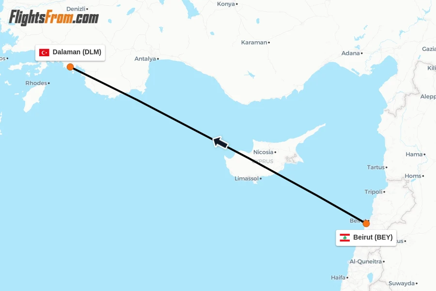 Flights from Beirut to Dalaman route map