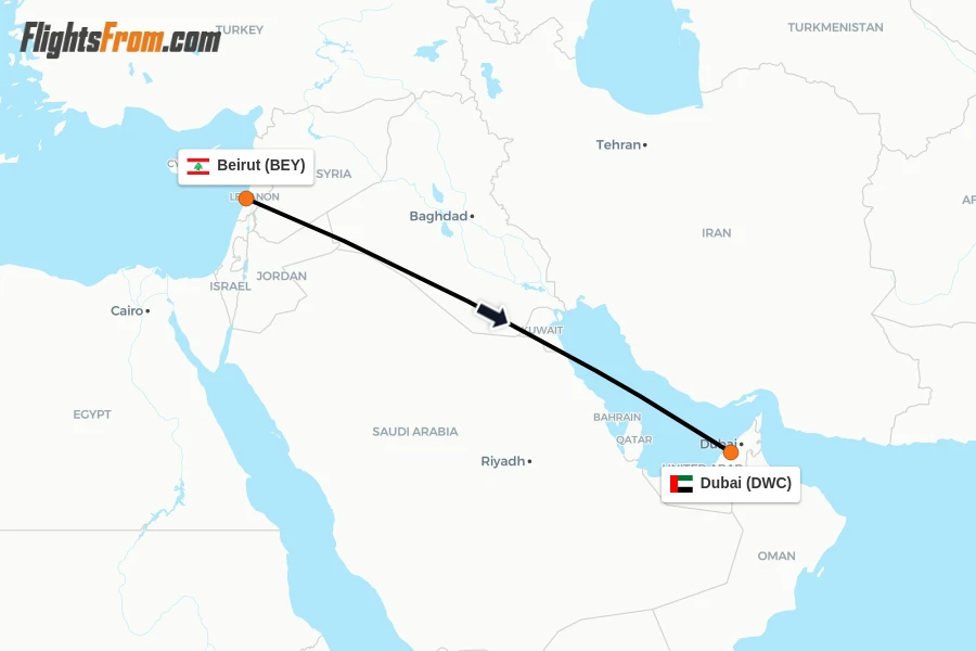 Flights from Beirut to Dubai route map