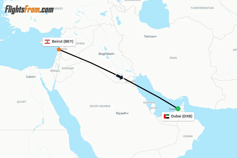 Flights from Beirut to Dubai route map