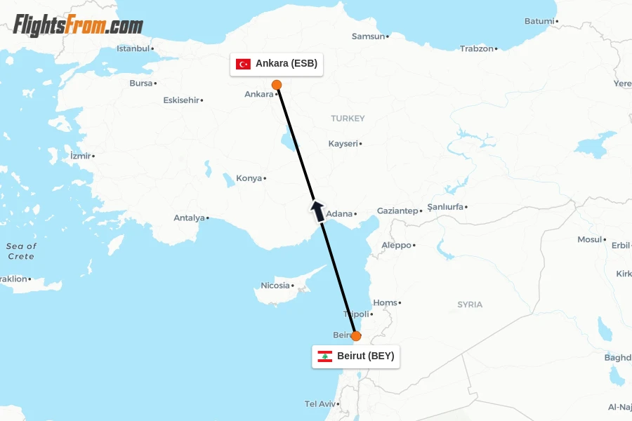Flights from Beirut to Ankara route map