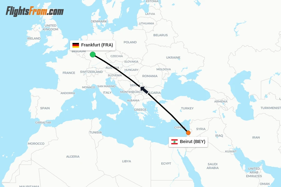 Flights from Beirut to Frankfurt route map
