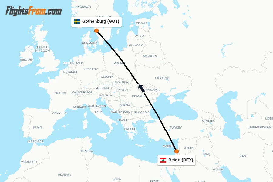 Flights from Beirut to Gothenburg route map