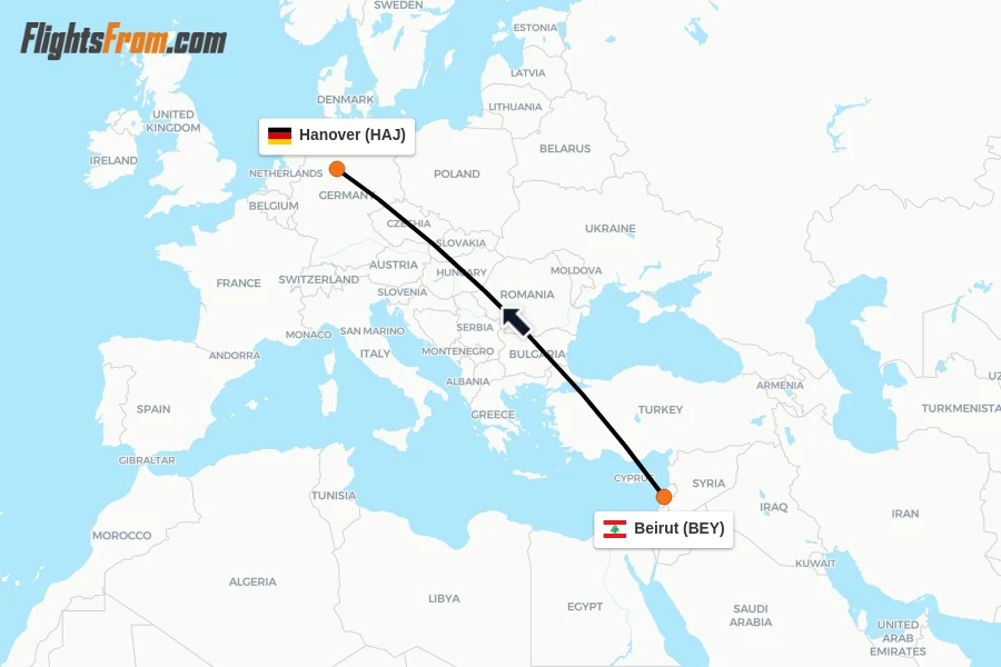 Flights from Beirut to Hanover route map