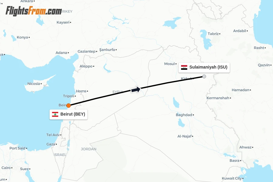 Flights from Beirut to Sulaimaniyah route map