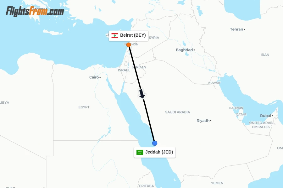 Flights from Beirut to Jeddah route map