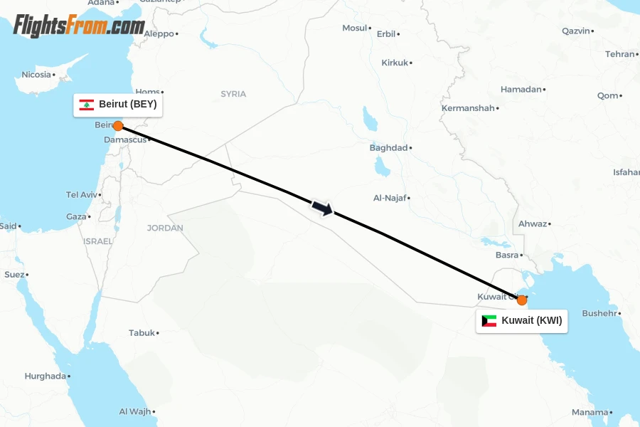 Flights from Beirut to Kuwait route map