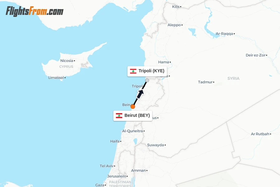 Flights from Beirut to Tripoli route map