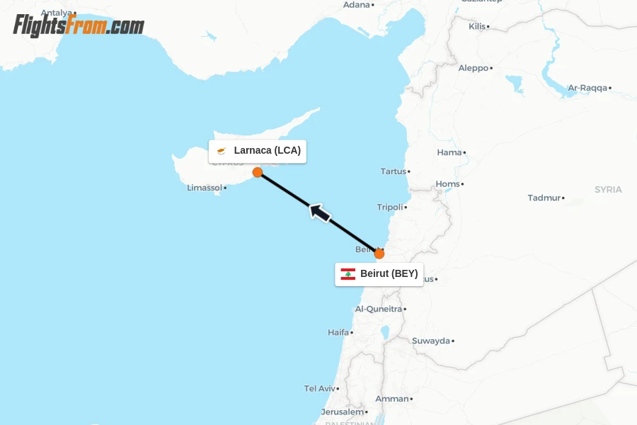 Flights from Beirut to Larnaca route map