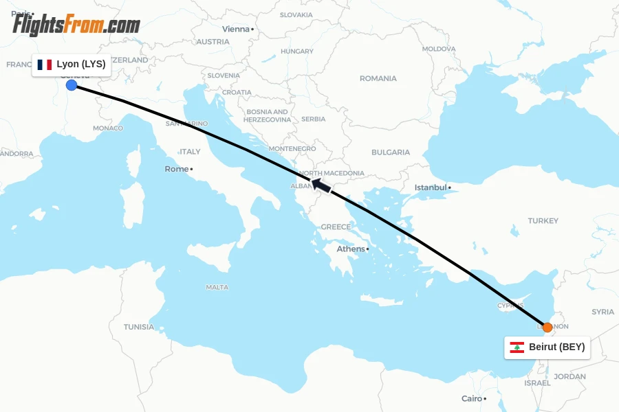 Flights from Beirut to Lyon route map