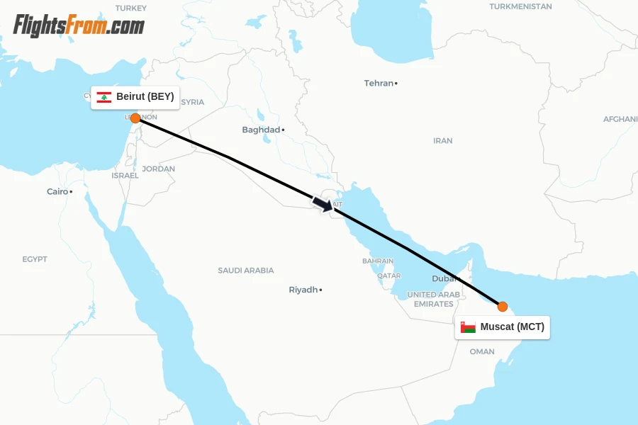 Flights from Beirut to Muscat route map