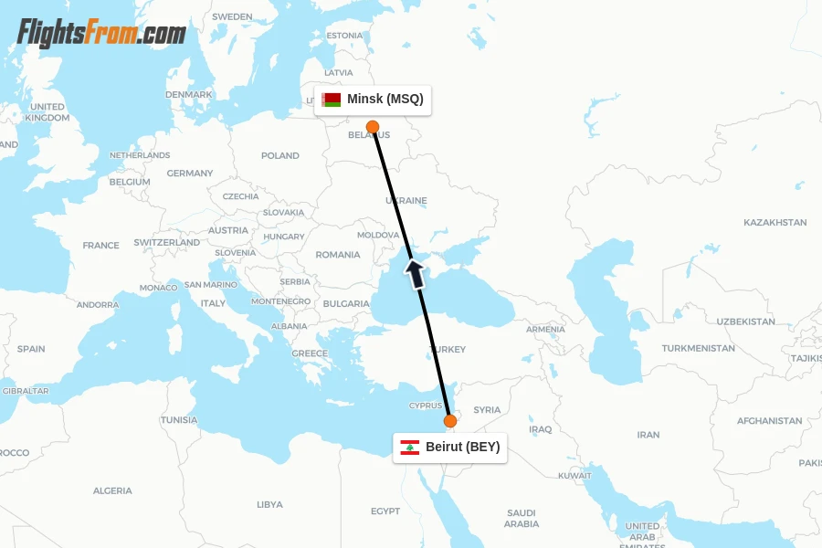 Flights from Beirut to Minsk route map