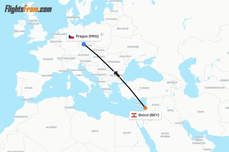 Flights from Beirut to Prague route map