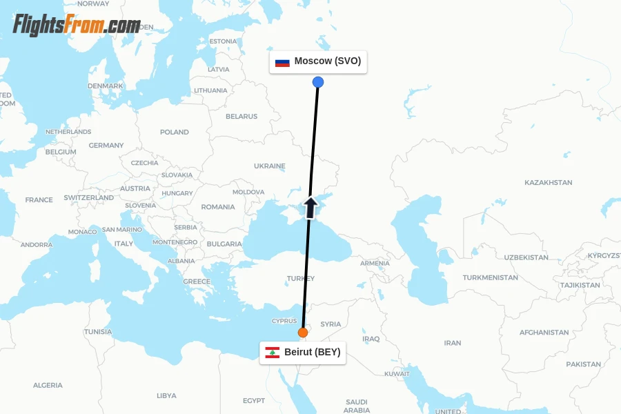 Flights from Beirut to Moscow route map