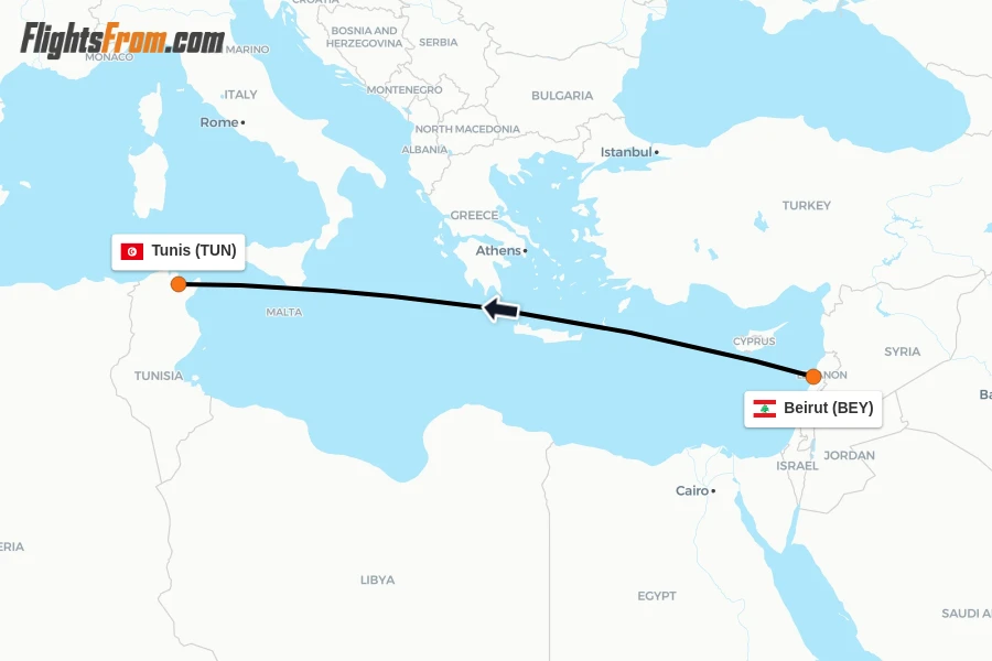 Flights from Beirut to Tunis route map