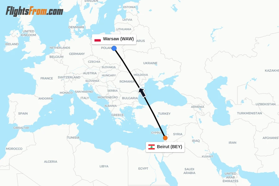 Flights from Beirut to Warsaw route map