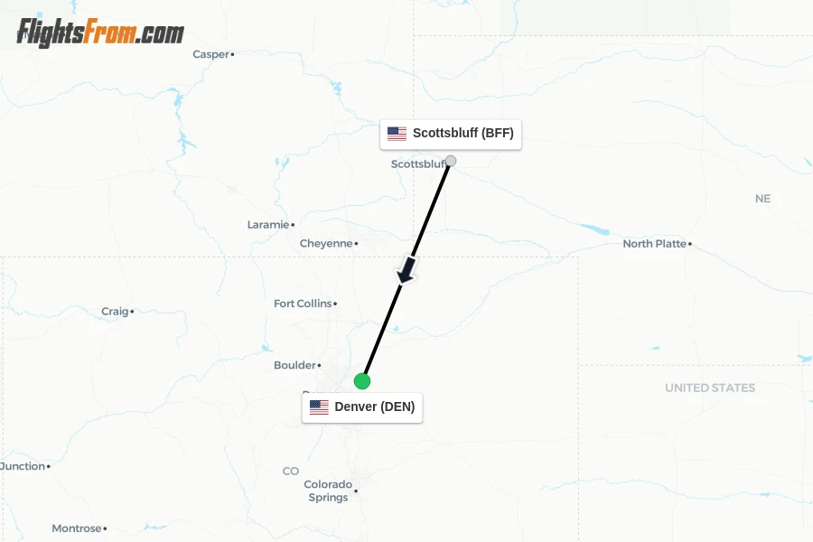 Flights from Scottsbluff to Denver route map
