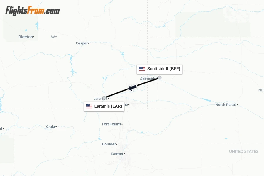Flights from Scottsbluff to Laramie route map