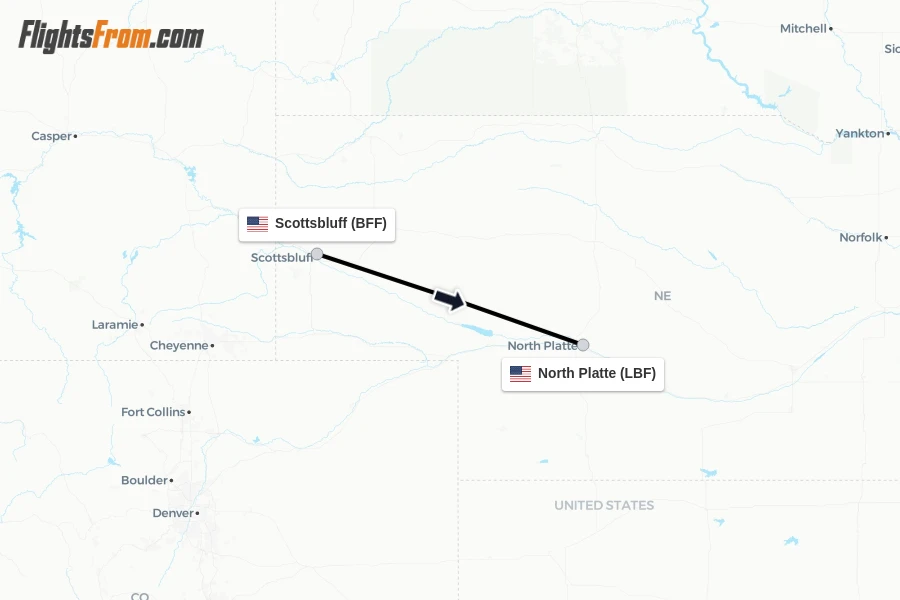 Flights from Scottsbluff to North Platte route map