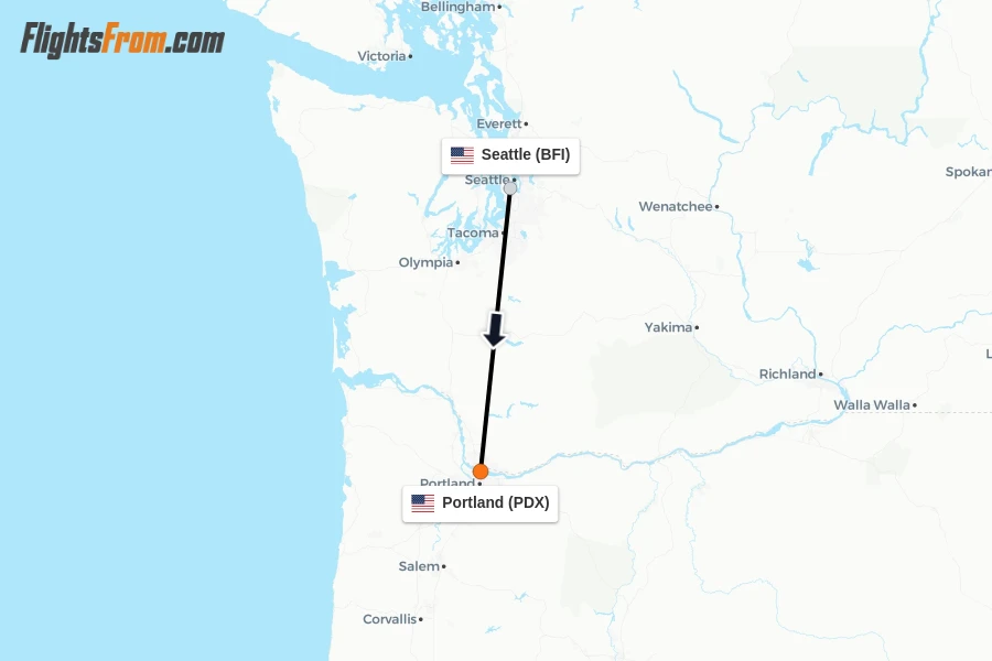 Flights from Seattle to Portland route map