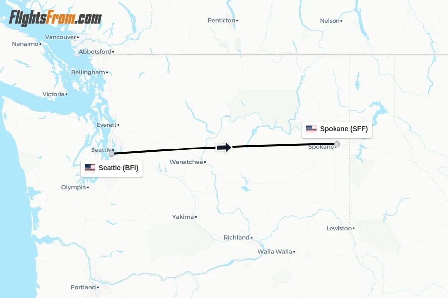 Flights from Seattle to Spokane route map