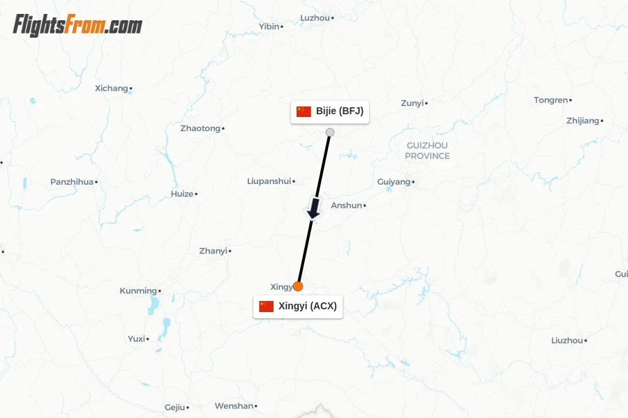 Flights from Bijie to Xingyi route map