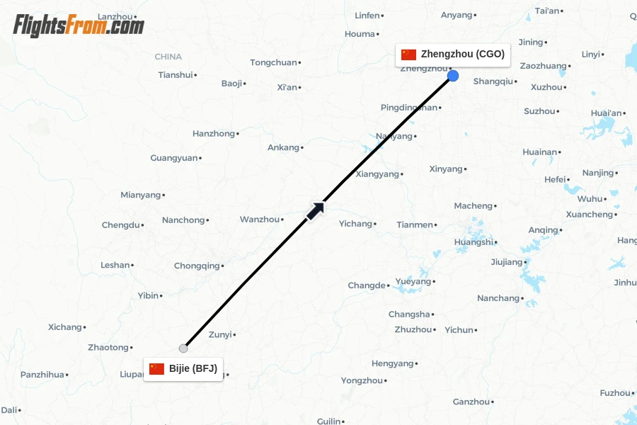 Flights from Bijie to Zhengzhou route map