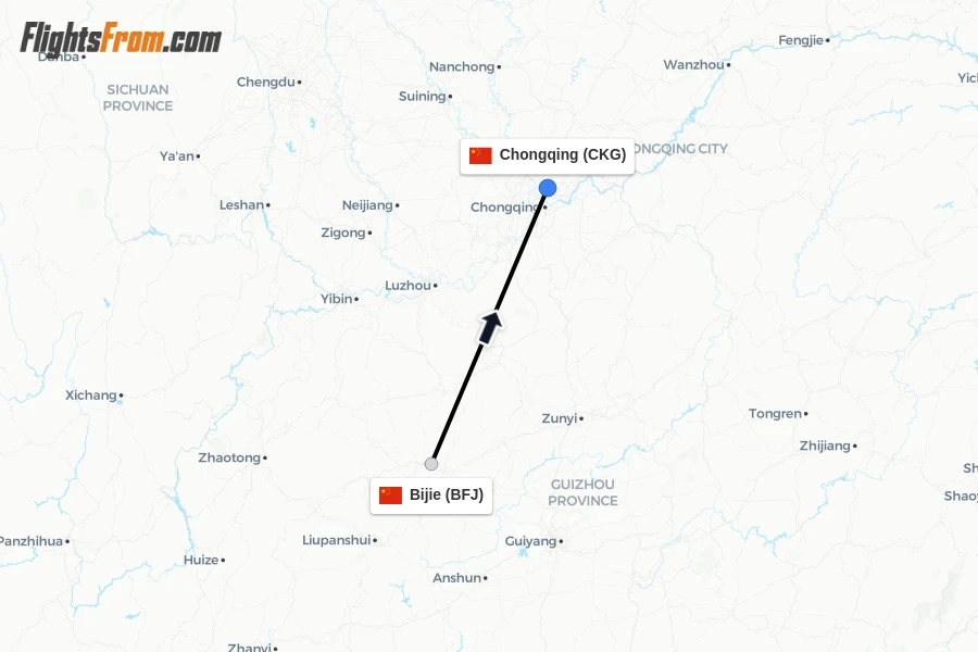 Flights from Bijie to Chongqing route map