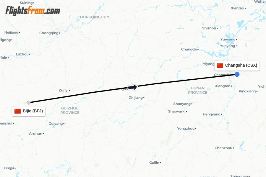 Flights from Bijie to Changsha route map