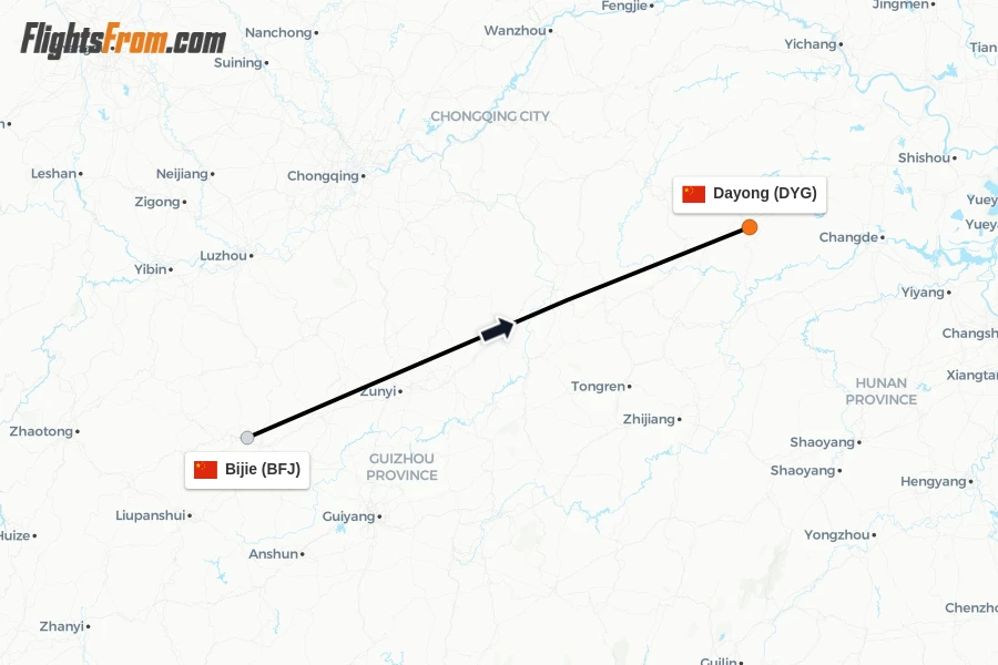Flights from Bijie to Dayong route map