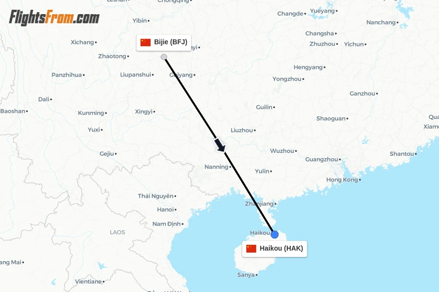 Flights from Bijie to Haikou route map
