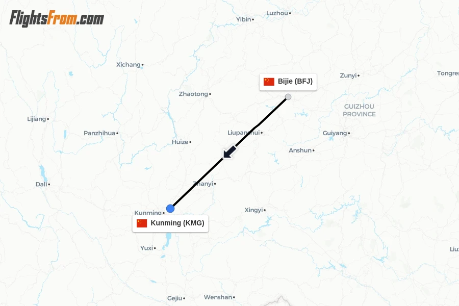 Flights from Bijie to Kunming route map