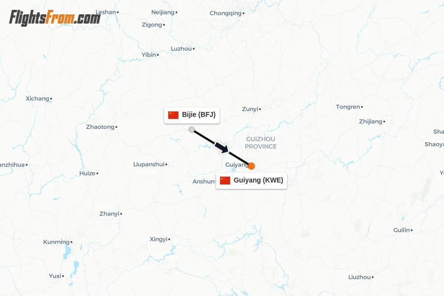Flights from Bijie to Guiyang route map