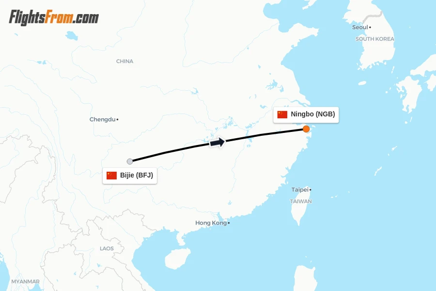 Flights from Bijie to Ningbo route map
