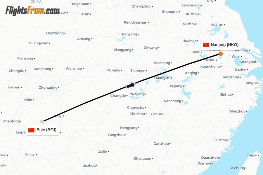 Flights from Bijie to Nanjing route map