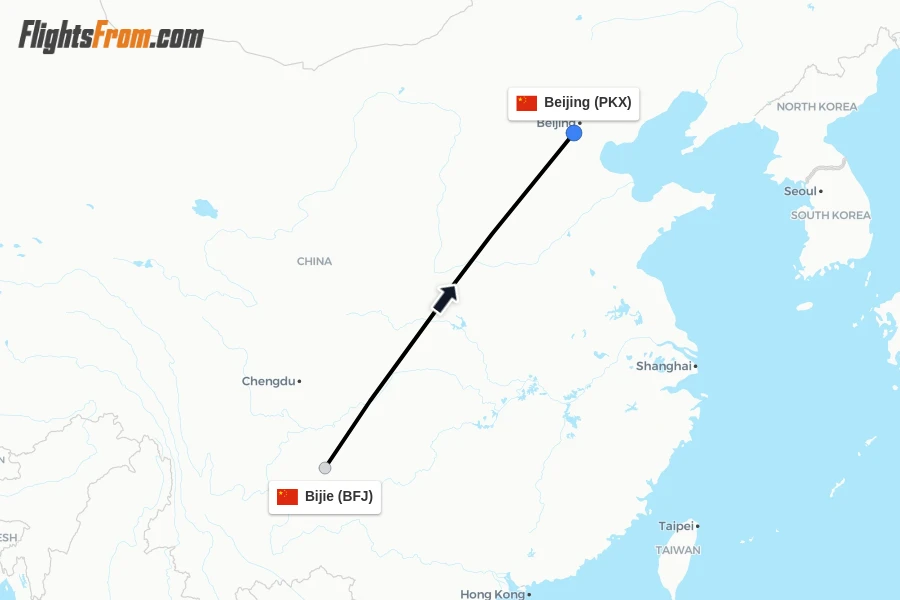 Flights from Bijie to Beijing route map