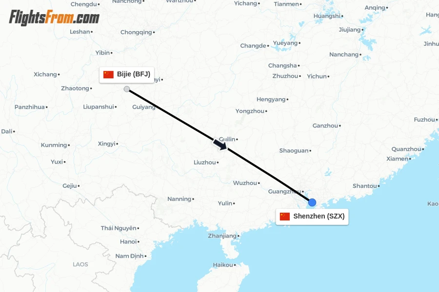 Flights from Bijie to Shenzhen route map