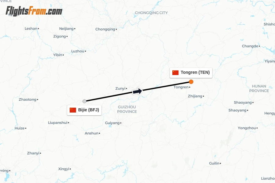 Flights from Bijie to Tongren route map