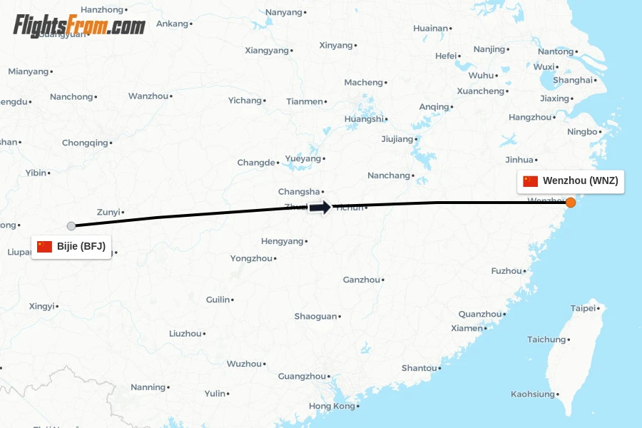 Flights from Bijie to Wenzhou route map