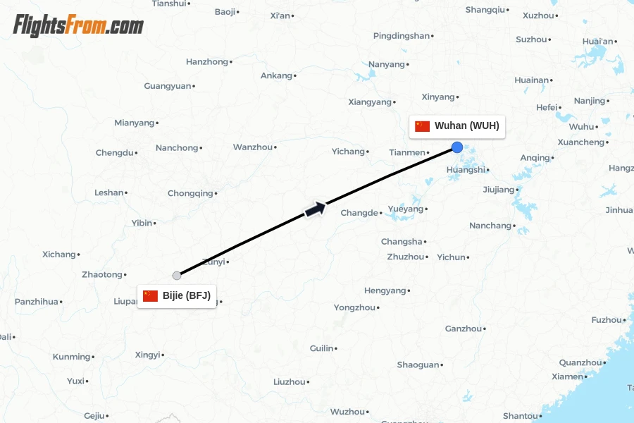 Flights from Bijie to Wuhan route map