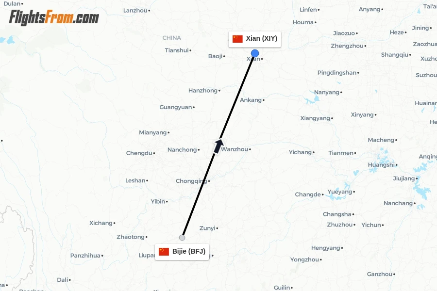 Flights from Bijie to Xian route map