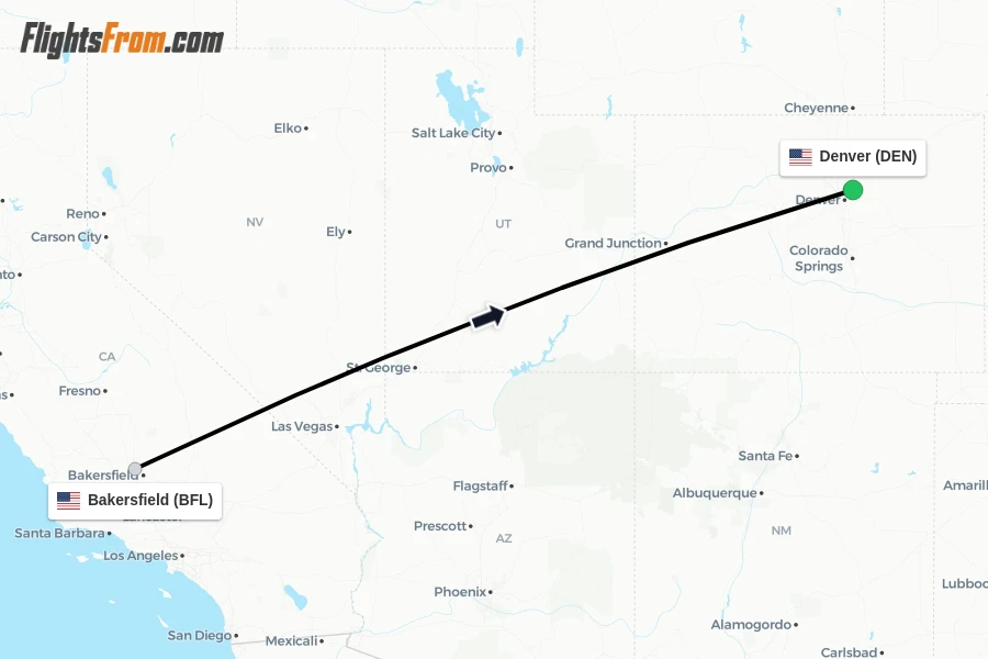 Flights from Bakersfield to Denver route map