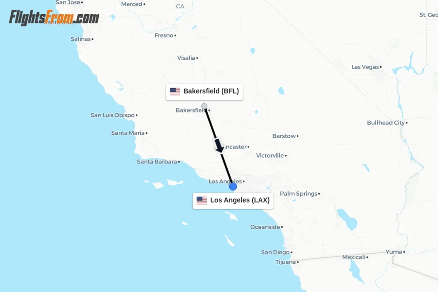 Flights from Bakersfield to Los Angeles route map