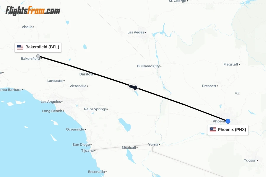 Flights from Bakersfield to Phoenix route map