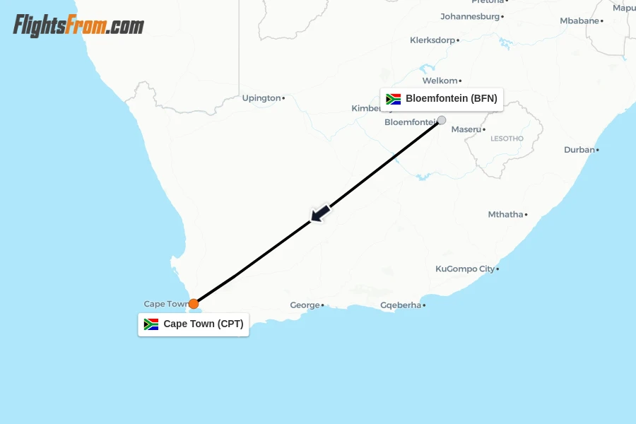 Flights from Bloemfontein to Cape Town route map