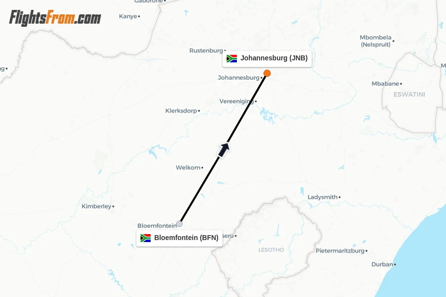 Flights from Bloemfontein to Johannesburg route map