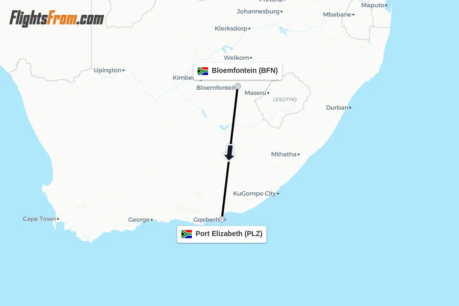 Flights from Bloemfontein to Port Elizabeth route map