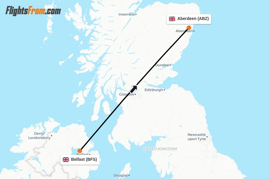 Flights from Belfast to Aberdeen route map