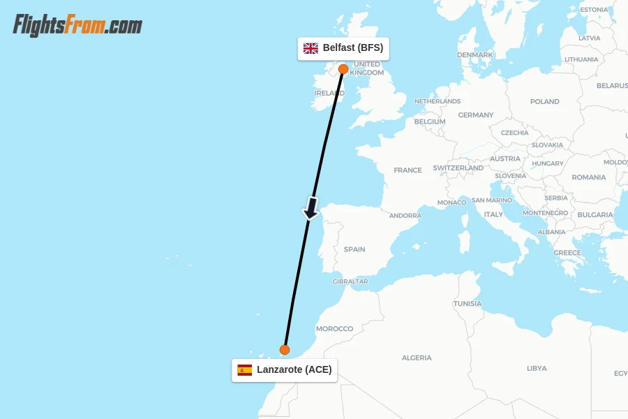 Flights from Belfast to Lanzarote route map